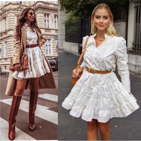 H&M BLOGGER FAVE Ivory Jacquard Textured Long Sleeve Tiered Voluminous Dress S - Picture 1 of 16